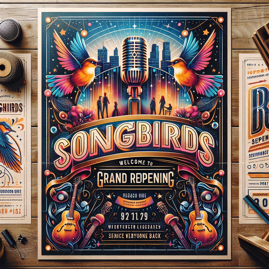 Songbirds grand reopening poster.