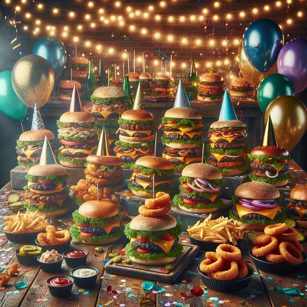 Celebratory burger feast scene.