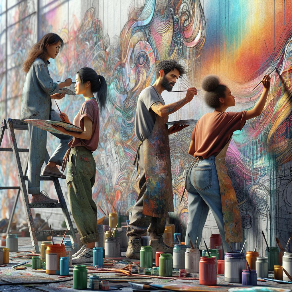 "Artists collaboratively painting mural"