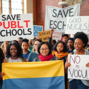 A rally in Chattanooga with attendees holding signs opposing school vouchers.