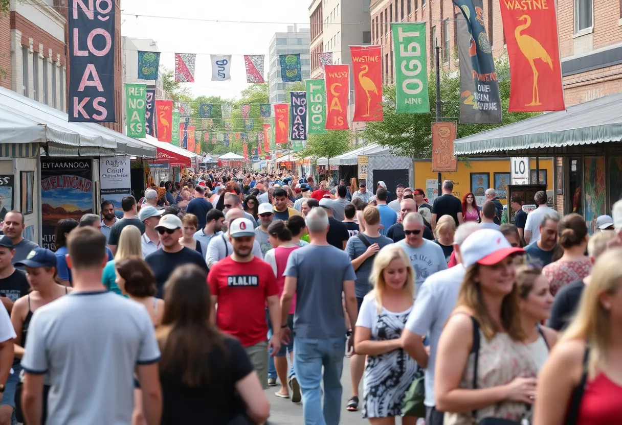A lively scene of Chattanooga's weekend events with various activities and people enjoying the festivities.