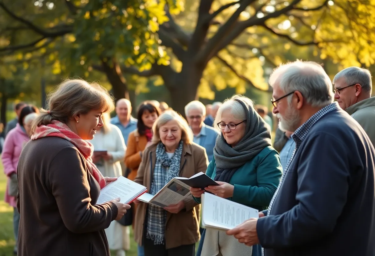 People gathered in a park sharing memories