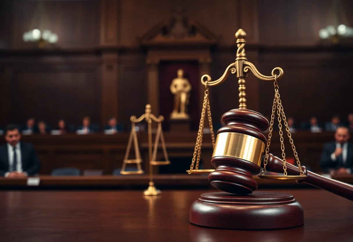 A courtroom scene depicting a gavel and scales of justice.