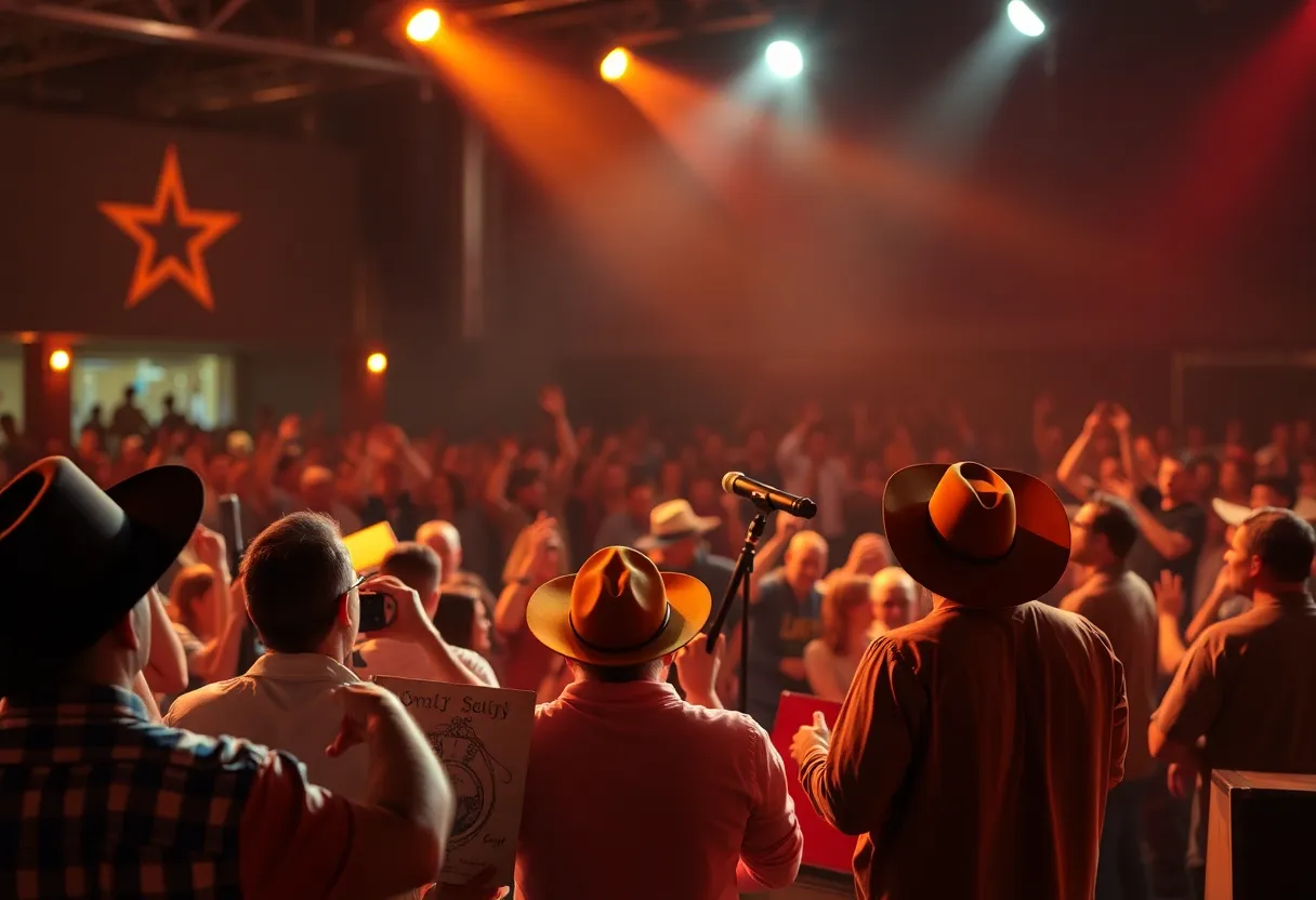 Pam Tillis performing live on stage with an acoustic guitar