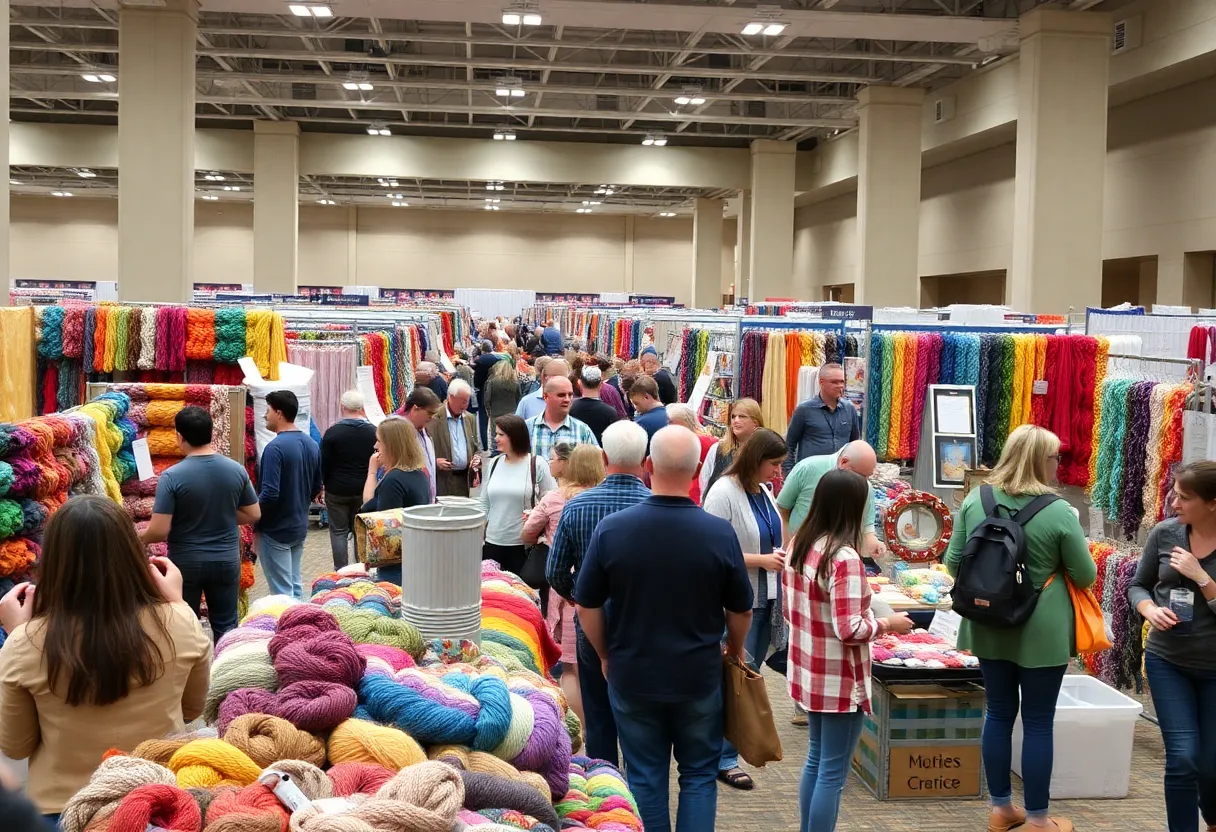 Festival guests exploring vendor booths at the Scenic Stitches Fiber Festival in Chattanooga.