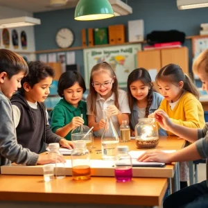 Classroom celebration in a middle school with students engaged in science activities