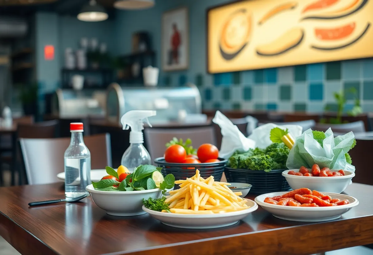 A clean restaurant dining table with fresh food ingredients