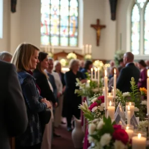 A group of people gathered at a church for a memorial service.