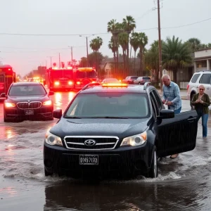 Severe storm with heavy rain and dark clouds over Southern California