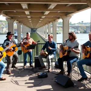 Musicians playing acoustic instruments under Market Street Bridge in Chattanooga