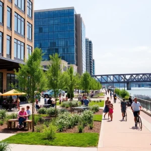 Families enjoying a redesigned riverfront park in Chattanooga.