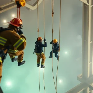 Firefighters conducting a rescue operation for two workers stranded at a high altitude in Chattanooga.