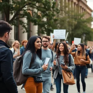 Diverse students discussing academic freedom on Columbia University campus