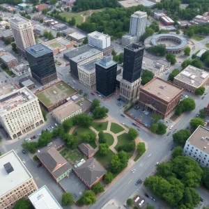 Aerial view of downtown Chattanooga showing potential lead contamination areas.