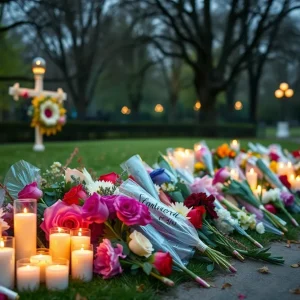 Memorial flowers and candles at Young Park