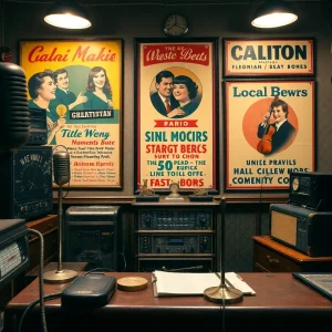 Vintage radio broadcasting studio with microphones and historical posters