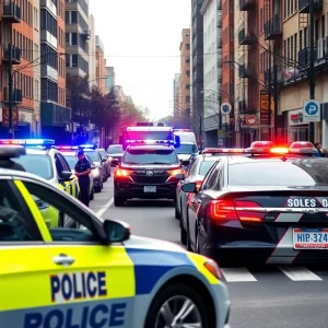 Police vehicles in an urban setting