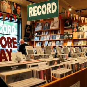 A vibrant display of vinyl records at a record store during Record Store Day.