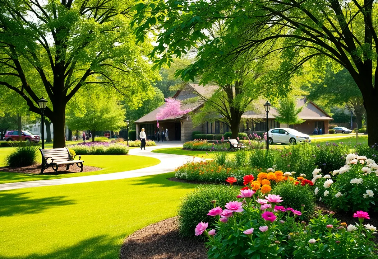 A peaceful Chattanooga community park adorned with flowers