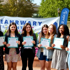 Girl Scouts celebrating their Gold Awards outdoors