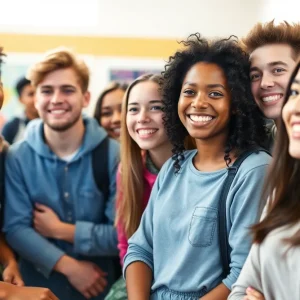 High school seniors smiling while reminiscing about their childhood.