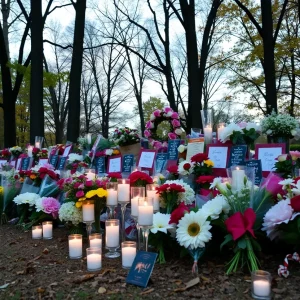 Memorial setting in Chattanooga with flowers and candles