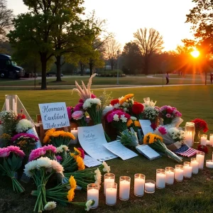 Community members gather around a tribute with flowers in memory of Laramie Larsen Weise