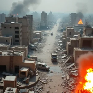War-torn city with destruction from drone strikes