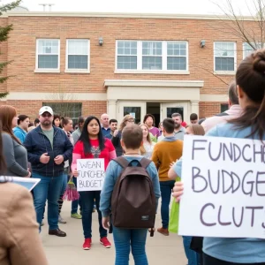 Parents and students outside a school expressing concerns over budget cuts