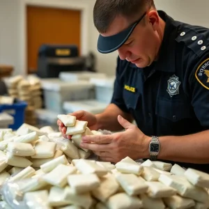 Law enforcement officers with seized drugs from a drug bust.