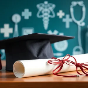 Graduation cap and diploma representing healthcare scholarship