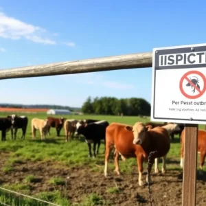 Farm landscape with healthy livestock under pest inspection.