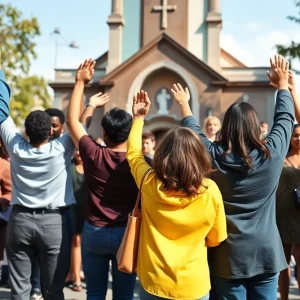 Diverse group demonstrating for LGBTQ rights in front of a church.