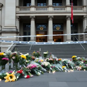 Memorial at the site of the Jewish Museum shooting with flowers and candles.
