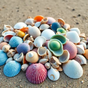 Seashells arranged in an artistic manner on the sand