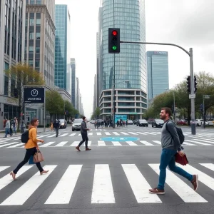 Illustration of smart traffic systems enhancing pedestrian safety