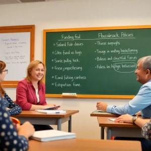 Teachers in a classroom discussing education funding and bonuses