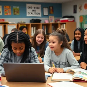 Students collaborating in a Tennessee high school classroom.