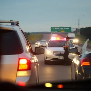 Police officer conducting a traffic stop on a highway
