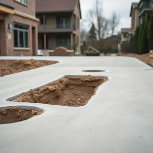 Unfinished concrete driveway with holes dug