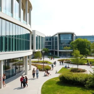 View of a university campus with students studying and collaborating