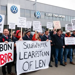 Labor workers rallying for their rights outside the Volkswagen plant
