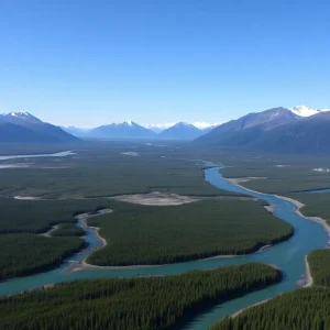 A scenic view of Alaska's wilderness with oil drilling activities in the background.