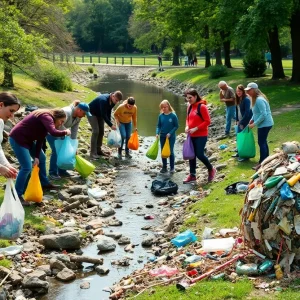 Volunteers participating in a river clean-up at Renaissance Park in Chattanooga