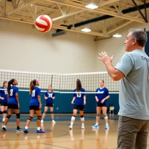 Chattanooga volleyball team practicing in a gym