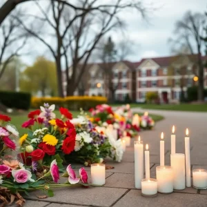 A peaceful park setting with flowers and candles for remembrance