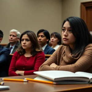 Courtroom scene depicting parents and educational items as the trial unfolds