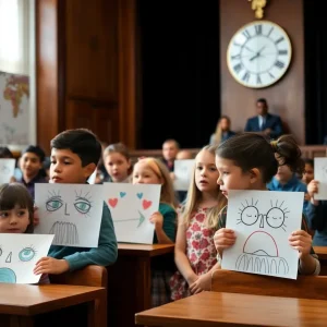 Children's drawings depicting emotions related to safety and vulnerability in a school setting.