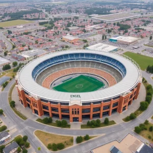 Aerial view of Engel Stadium highlighting its historical structure.