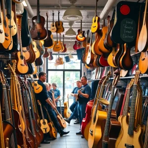Interior of Giant Steps Music Corp with instruments and customers
